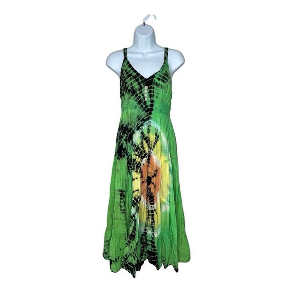 Jessica Taylor Dress Womens Small Green Tiered Tie Dye Midi Boho Cotton Sundress - Picture 1 of 16